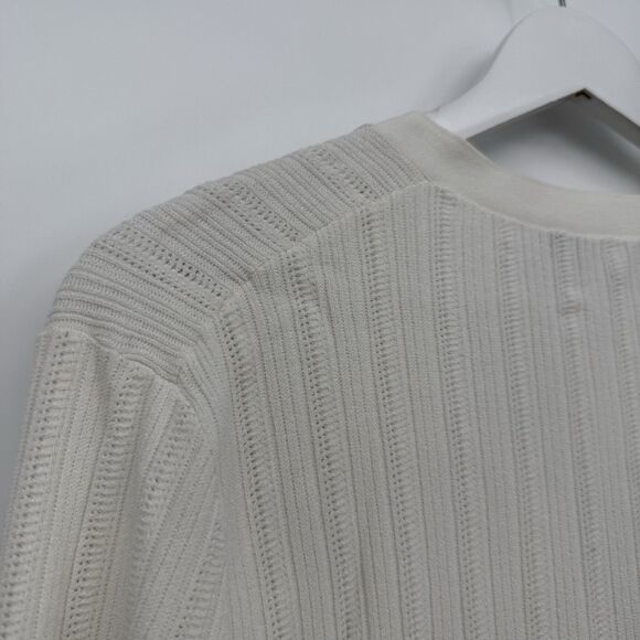 Theory Open Knit White & Tan Cardigan Top Preppy Designer Size Medium - Picture 9 of 10